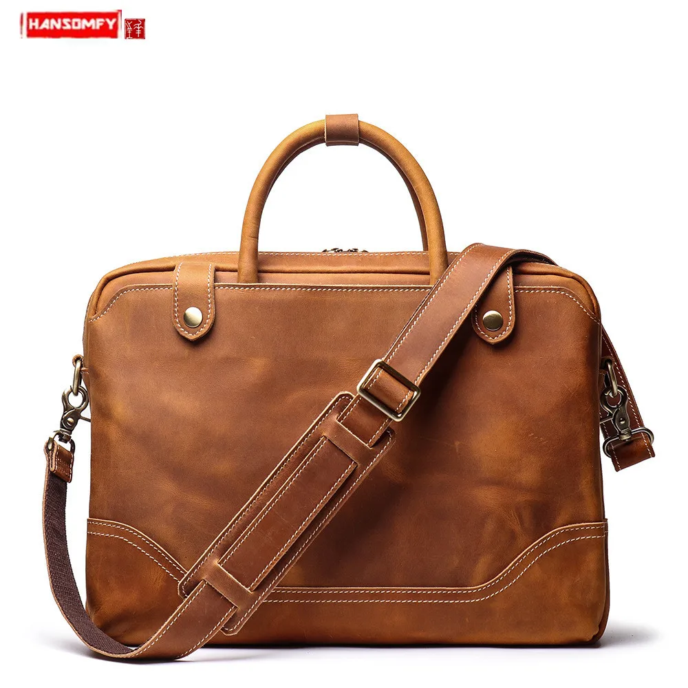 

New Genuine Leather Men's Portable Briefcase Cowhide Men Handbag Shoulder Cross Bag Casual Retro 15.6-inch Computer Bag Business