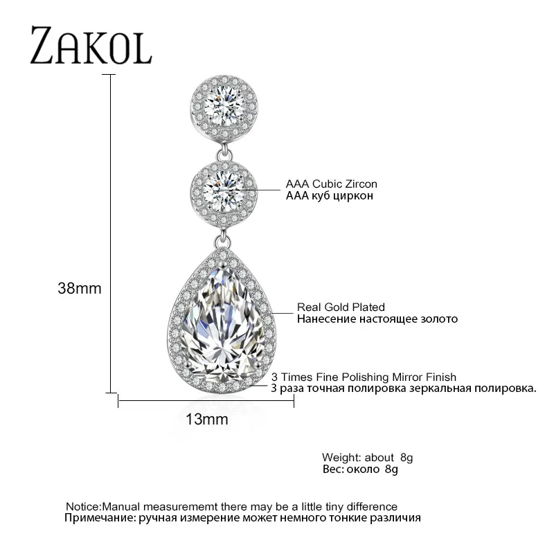 ZAKOL классические AAA каплевидные фианиты длинные висячие серьги для женщин