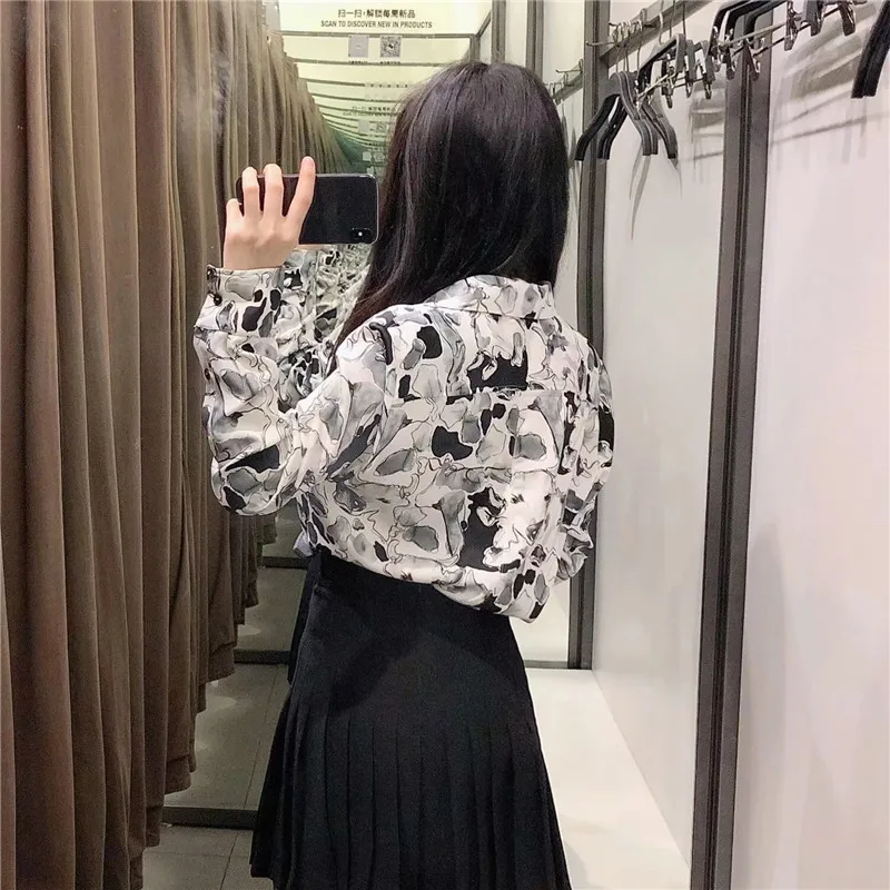 

PSEEWE Za Women Shirt Grey Print Button Up Shirt Woman 2021 Spring Fashion Pocket Asymmetric Hem Streetwear Long Sleeve Top