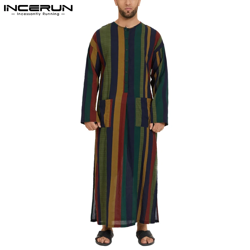 

Muslim Fashion Men Jubba Thobe Caftan Striped Long Sleeve Pockets Button Robes Men Islamic Arab Dubai Kaftan Abaya S-5XL INCERUN