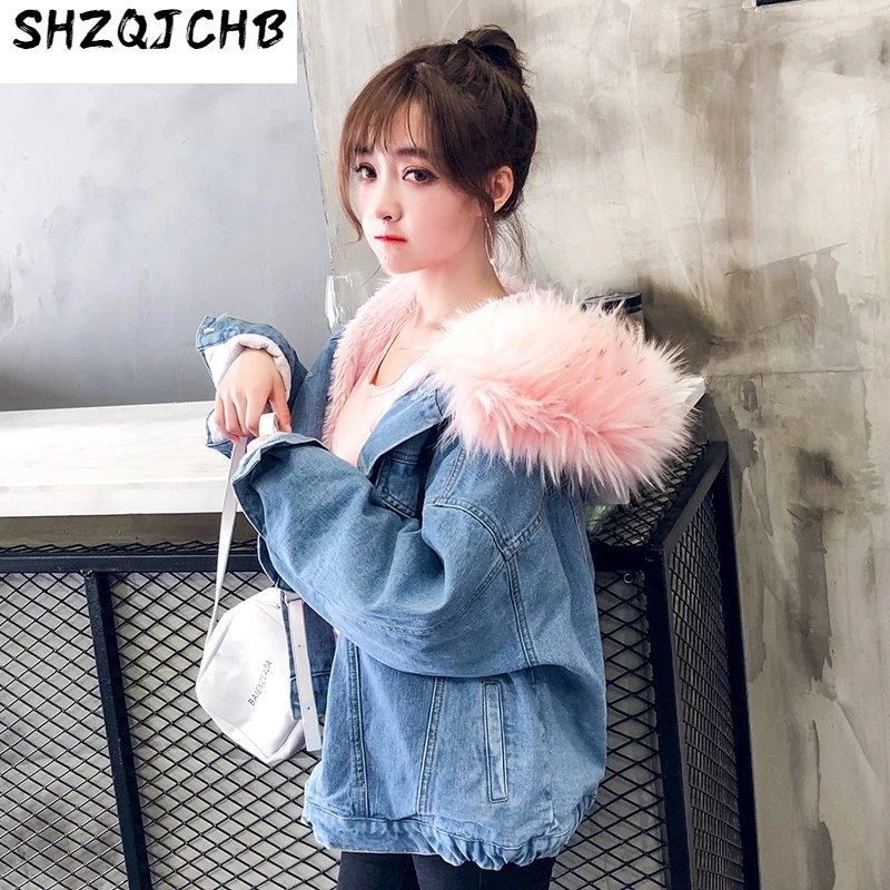 

JCHB 2021 Jean Jacket Spring Autumn Women Coat Denim Female Jacket Korean Clothes Thick Fur Collar Coats and Jackets Women Tops