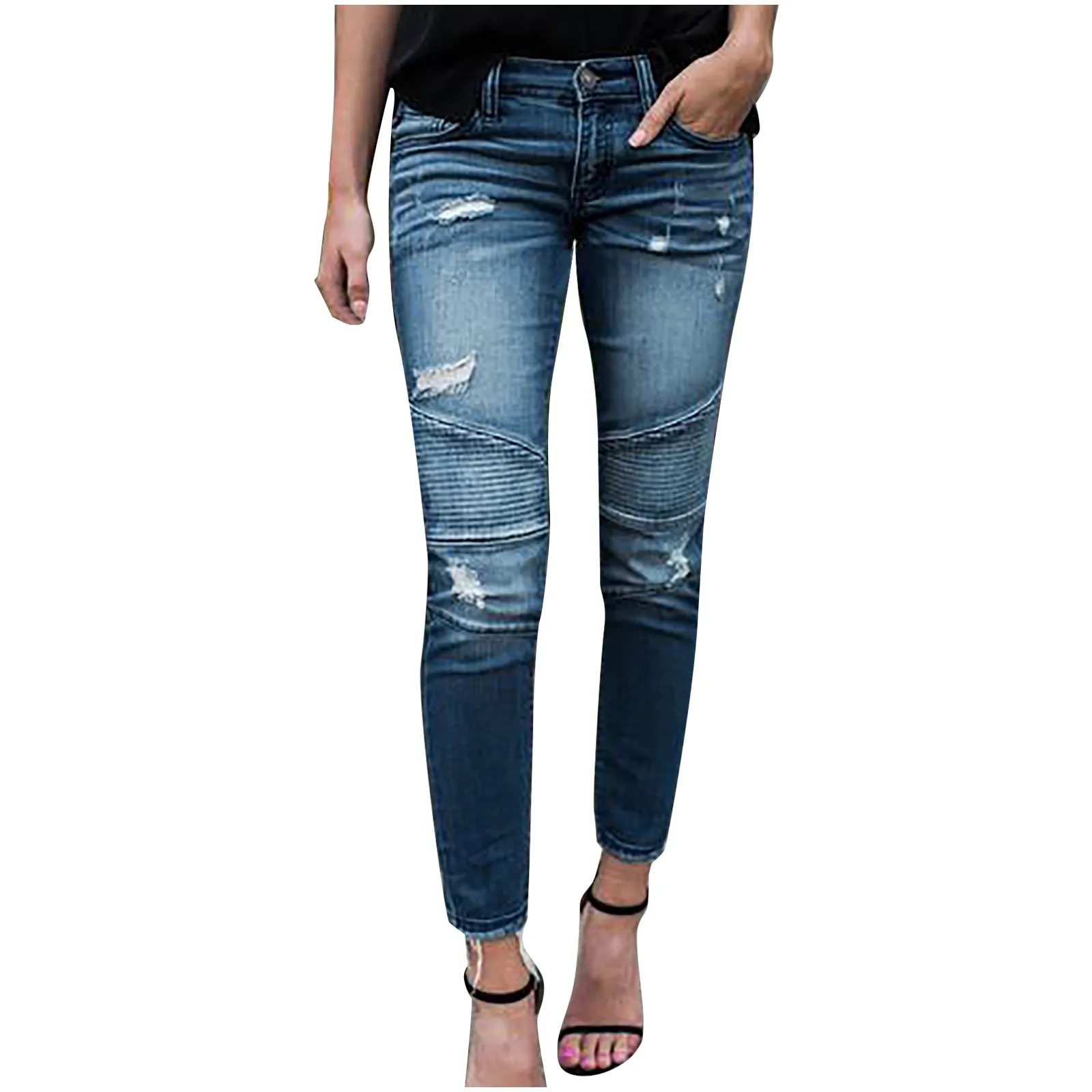 

Women's Classic Slim High Waist Ripped Straight Leg Ankle Length Skinny Jeans