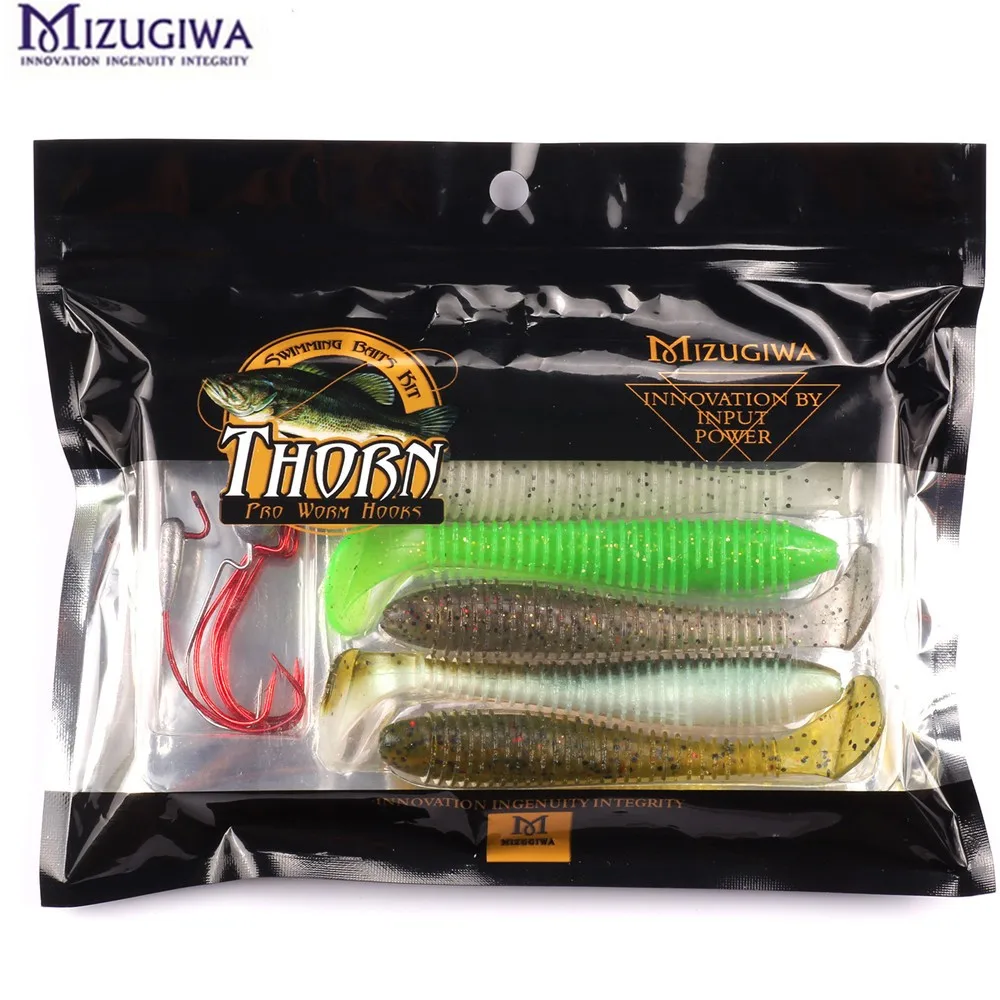 Mizugiwa 12pcs/set Worm Hooks Kit Fishing Soft Lure Baits Bass Jighead Hook Swing Impact Shiner Shad Tail | Спорт и развлечения