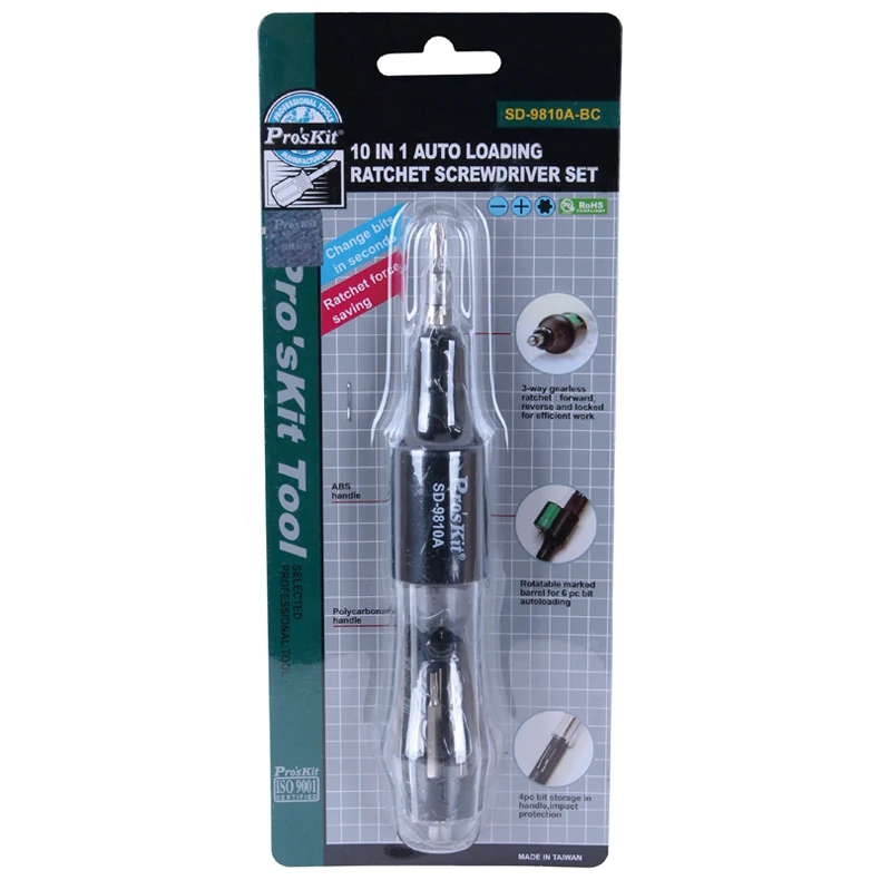 Pro'sKit SD-9810A-BC 10 в 1 Авто загрузка трещотка отвертка-двойной блистер