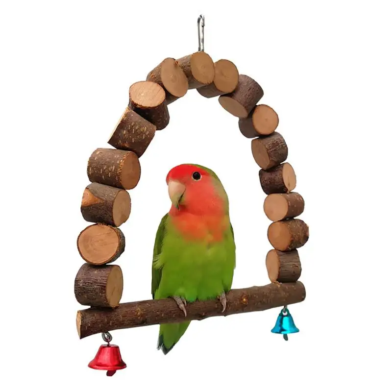 

1 Pcs Natural Wooden Parrots Swing Toy Birds Perch Hanging Swings Cage Parakeet Stand Toy With Bell Pet Birds Cockatiel Supplies