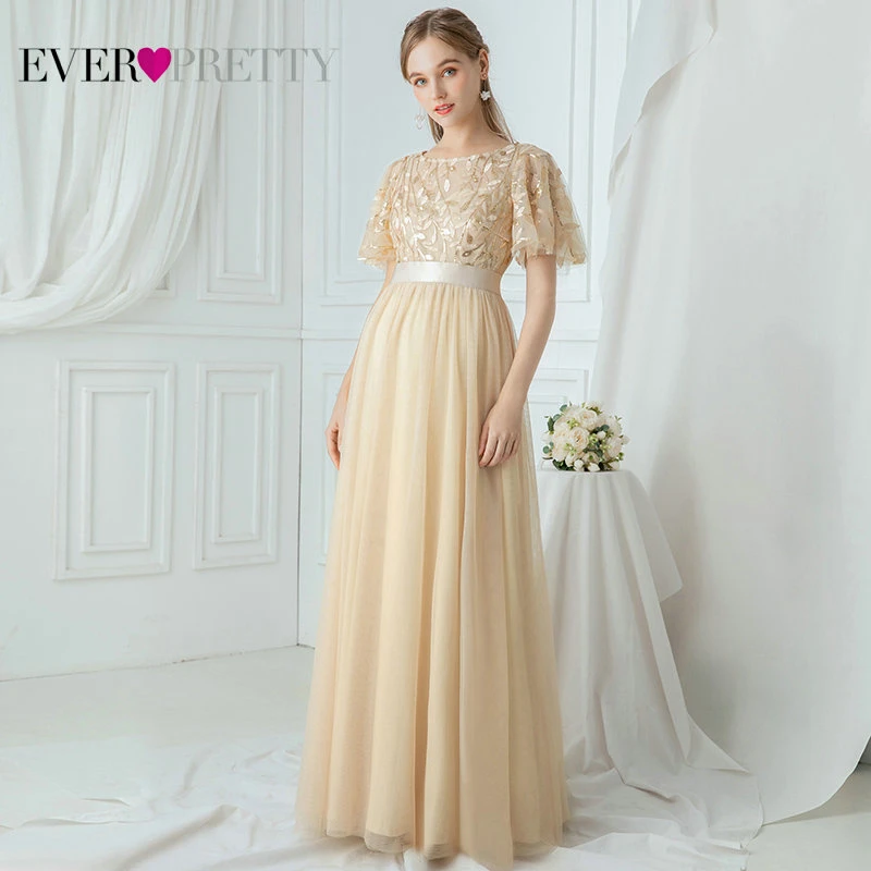 Gold Robe De Soiree блестящие вечерние платья Длинные Ever Pretty EP00904GY A-Line o-образным вырезом с коротким рукавом Вечерние платья женские элегантные платья - Цвет: Gold