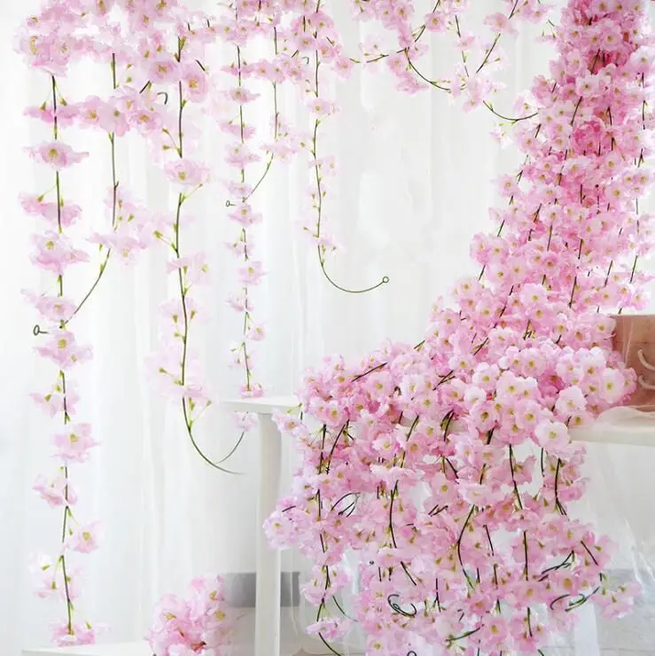 

46" Artificial Cherry Blossom Hanging Vine Silk Flowers Garland Fake Plants Leaf For Home Wedding Decor