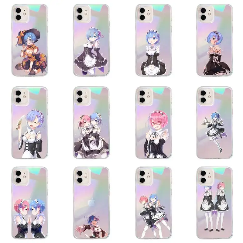 

Anime ReZERO Ram Rem Phone Case for iPhone huawei P 7 8 9 11 12 10 30 40 S X XS XR MINI Pro Max Plus laser Transparent Glitter