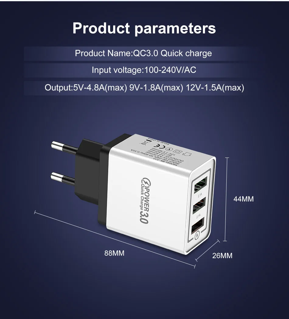 USLION USB зарядное устройство 3A Quick Charge 3,0 Для iPhone Micro type C быстрое настенное зарядное устройство для samsung Xiaomi huawei зарядное устройство для мобильных телефонов