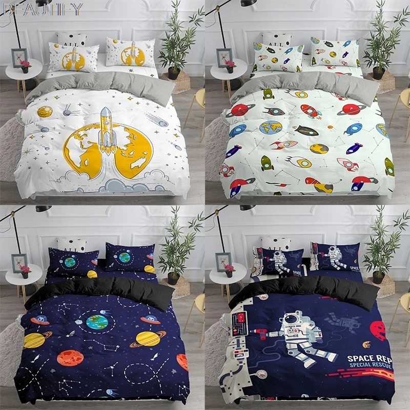 

Bedding Set Cartoon Cute Galaxy Outer Space Planet Printed Astronaut Duvet Cover 90x190 Kids Twin Size Space Shuttle Bedclothes