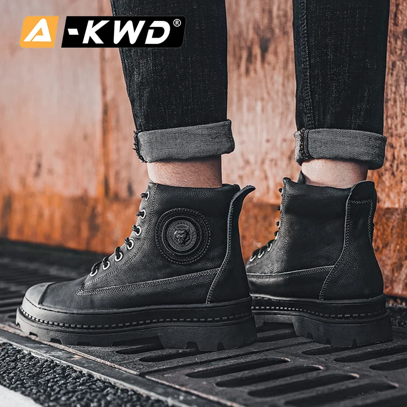 New High Tops Single Sneakers Men Casual Fur Winter Boots Fashion Black Tooling Shoes Male Leather Autumn Thick Bottom | Обувь