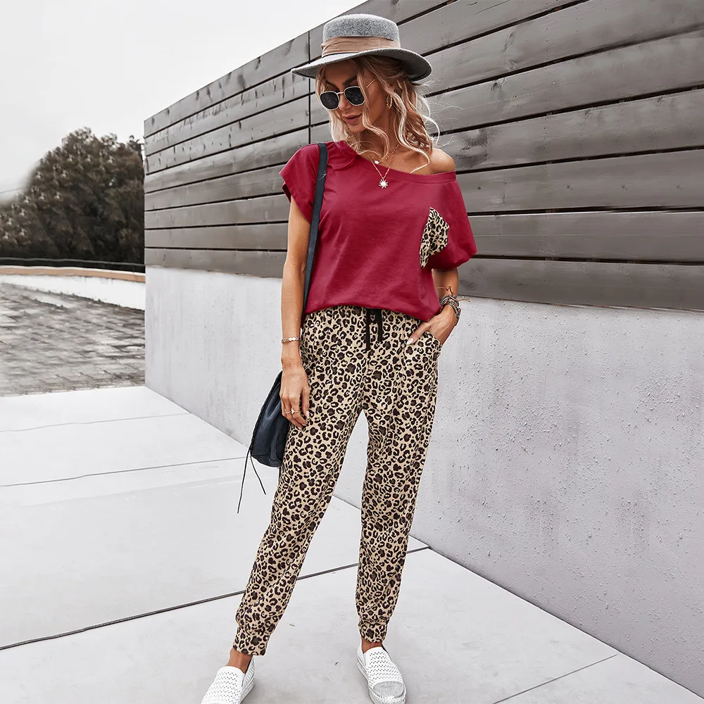 

Liooil Leopard Two Piece Set Top And Pants With Pockets Short Sleeve Drawstring Purplish Blue Khaki Wine Red Summer Women Outfit