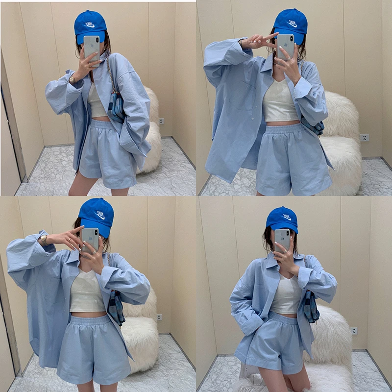 

Women Two Pieces Sets Summer 2021 New Korean Style Loose Solid Turn-down Collar Blouses Shirt + Shorts Sets Elegant Female Suits