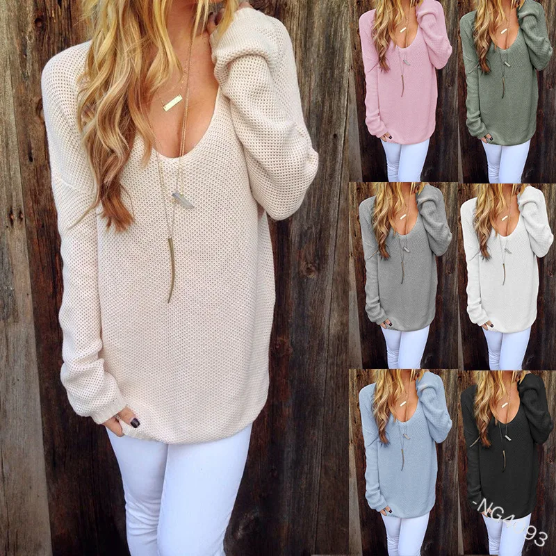 

Женский вязаный свитер, Хлопковый вязаный крючком Повседневный пуловер U-образной формы с круглым вырезом и длинными рукавами, однотонный с...