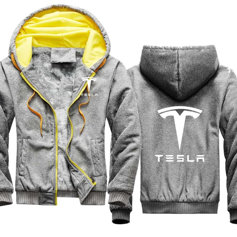

Winter Hoodies Men Tesla Car Logo Print Plus velvet thickening Solid color Fleece Men's thick top