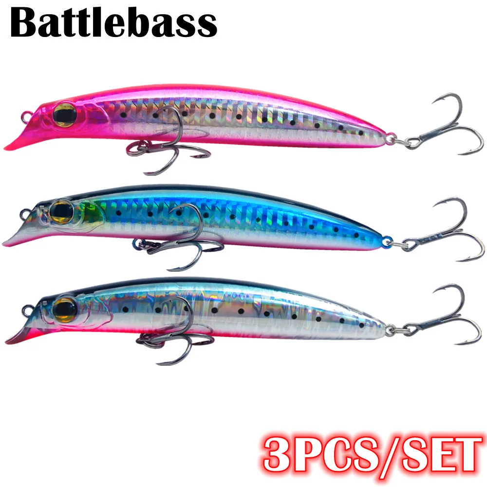 

BATTLEBASS 3PCS Sea Bass Fresh Salt water 4# VMC hooks Wobblers 11.5cm 18g Floating Hard Bait Minnow Crank Fishing lures