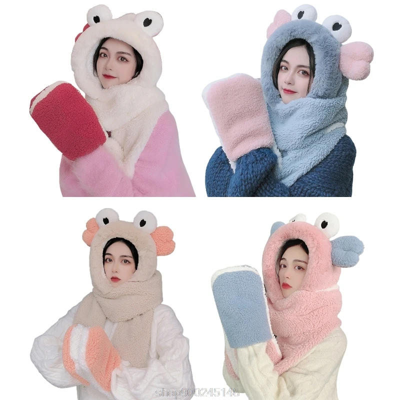 

Women Winter Warm 3 In 1 Fuzzy Plush Hooded Scarf Hat Gloves Set Cartoon Windproof Earflap Cap Mittens N09 20 Dropshipping