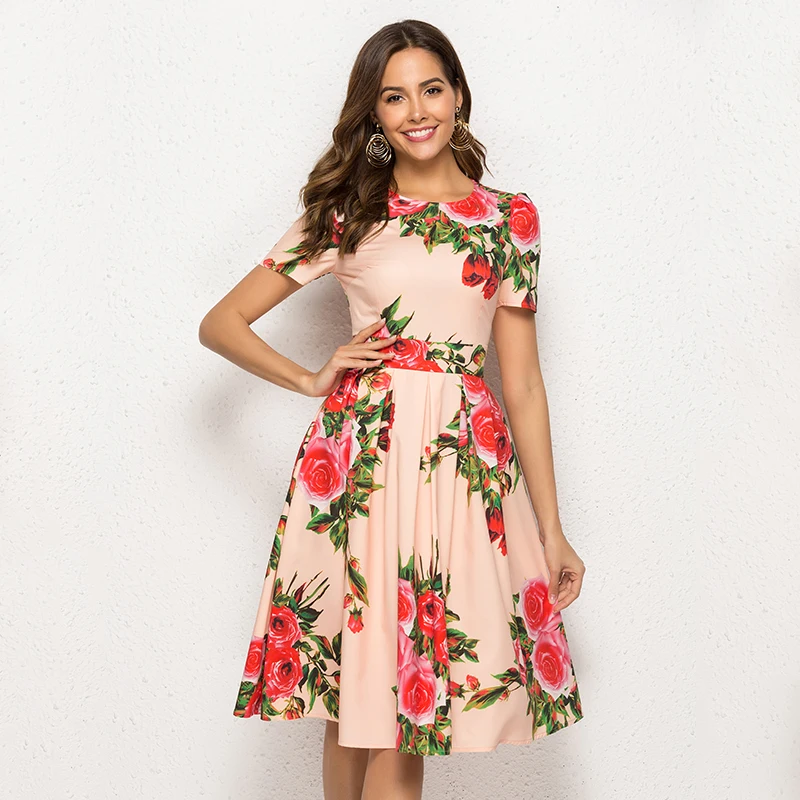 

New Fshion Women's Printing Summer Dress Elegant Short Sleeve Summer Midi Dress For Female Women Casual Vestidos Dresses