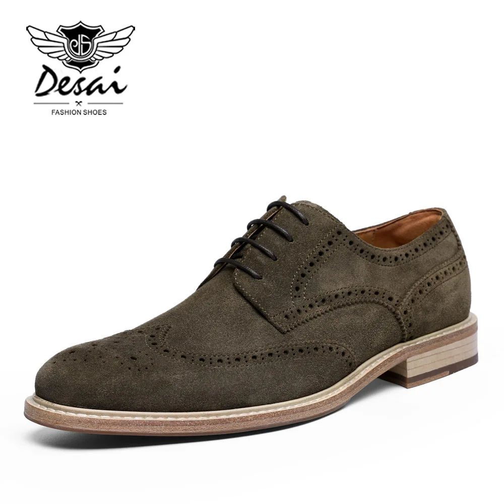 Green Brown DESAI/Новинка года; стильные модельные туфли в деловом стиле; обувь из натуральной кожи; повседневная обувь из коровьей замши на шнуровке; свадебные туфли с перфорацией в джентльменском стиле - Цвет: Green Brown