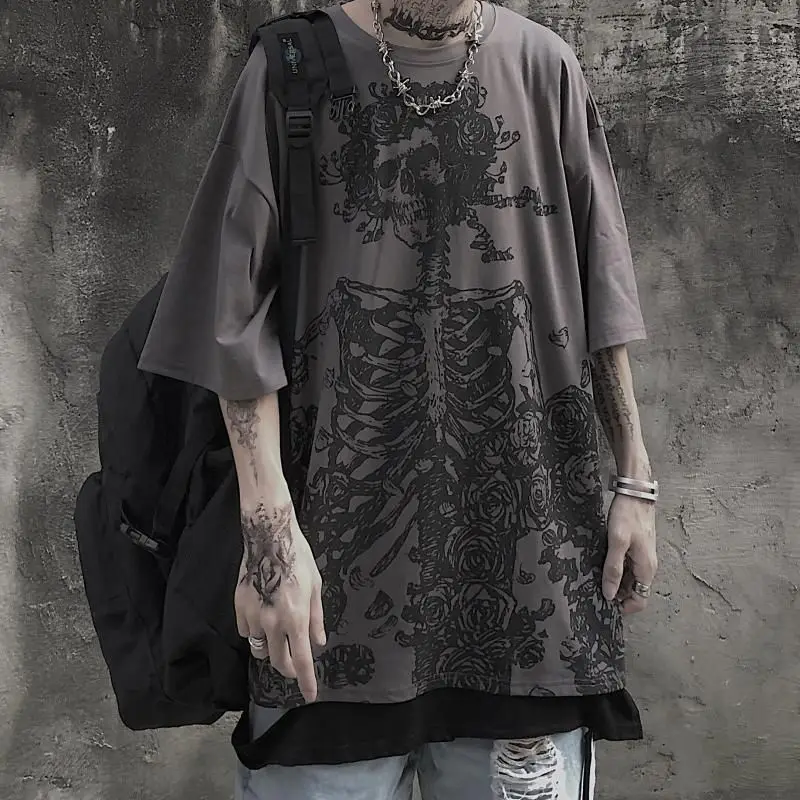 

Rose print oversized t-shirt men's women's tops summer new Korean original dark high street style loose short-sleeved tops trend