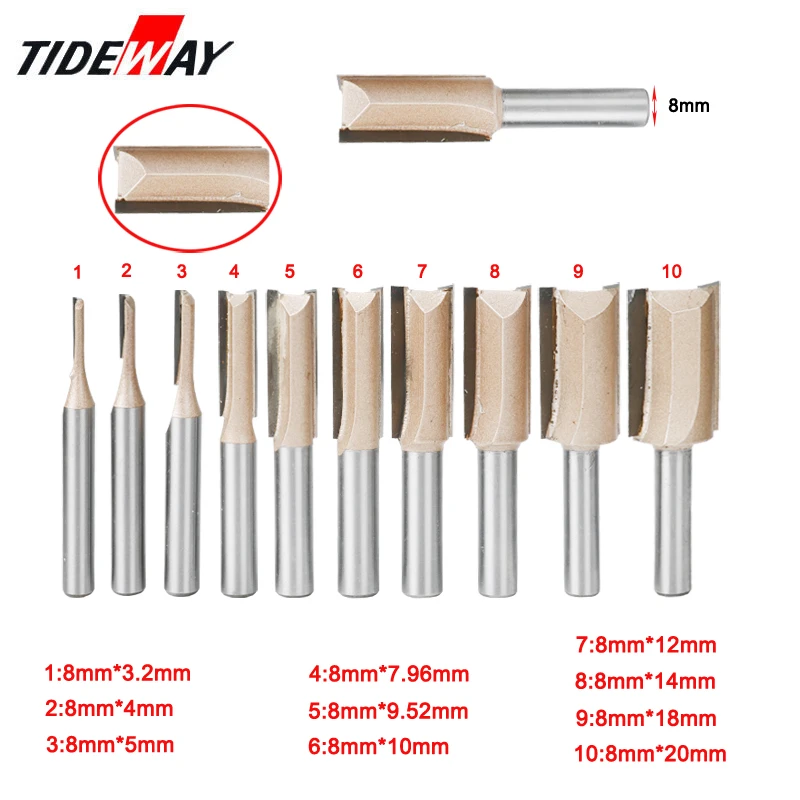 

8mm Shank Straight/Dado Woodworking Router Bit Set Carpenter Milling Cutter 6/8/10/12/14/18/20mm Diameter Wood Cutting Tool