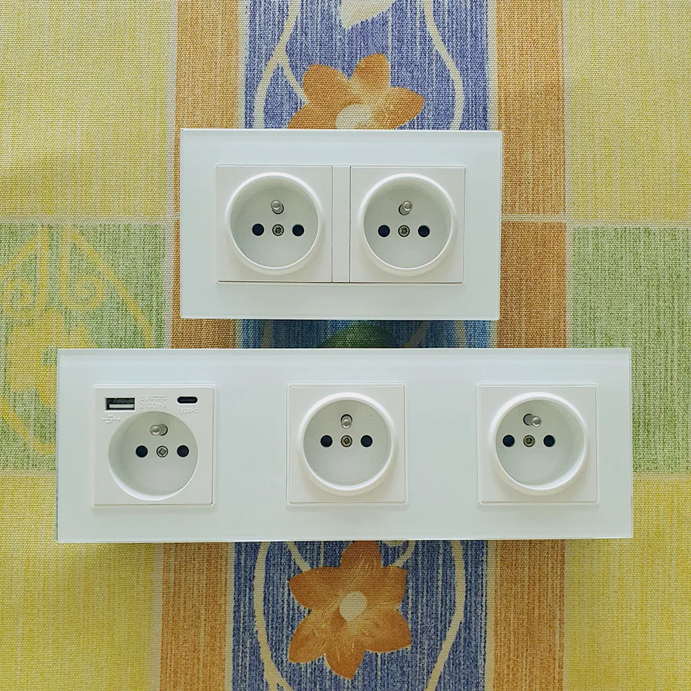 USB Type C 2.1A Быстрая зарядка французская розетка из прозрачного стекла белая 2-5