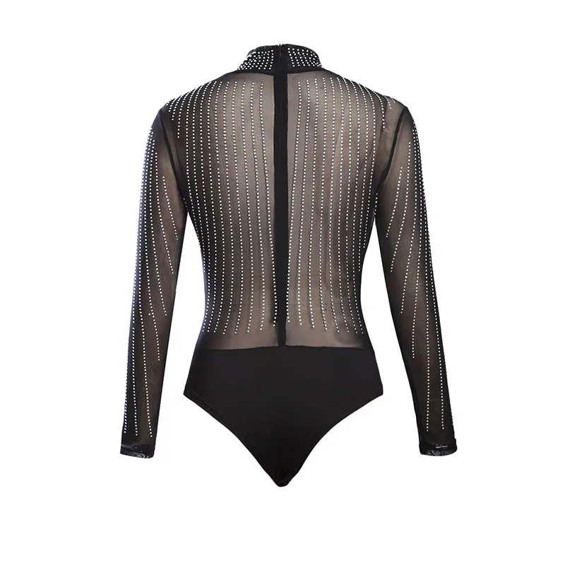 ADEWEL Black Bodysuit Women Sexy Mesh See-Through Body Long Sleeve Bodycon Rhinestone Studded Jumpsuit Party Clubwear Retro Tops |