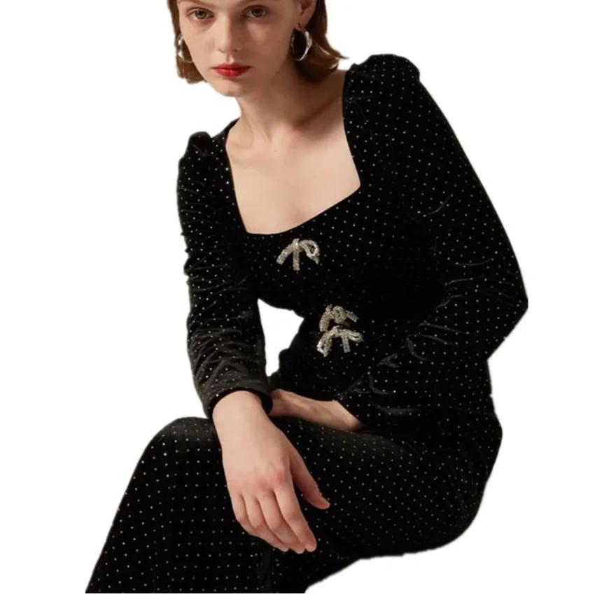 

Винтаж во французском стиле с квадратным воротником для подчеркивания груди с прозрачными стразами и молнией с ремешком на талии с запахом,...