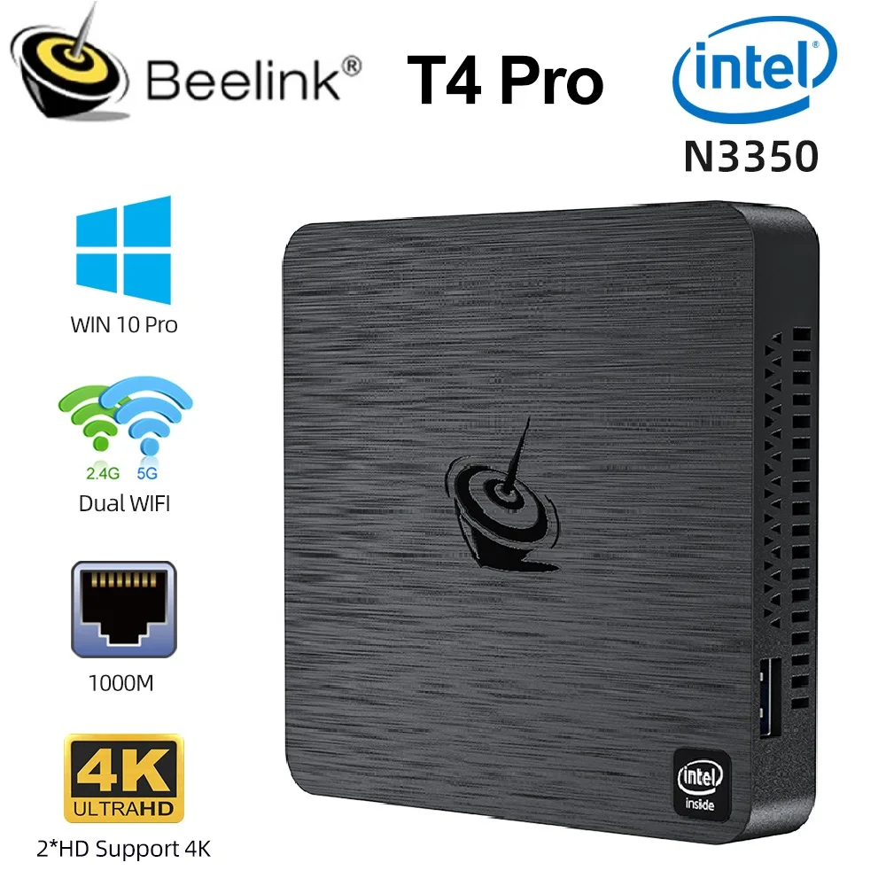 Beelink T4 Pro Mini PC Intel Apollo Lake Processor N3350 Windows 10 4K 4GB 64GB BT4.0 1000M AC Wifi  Mini Computer