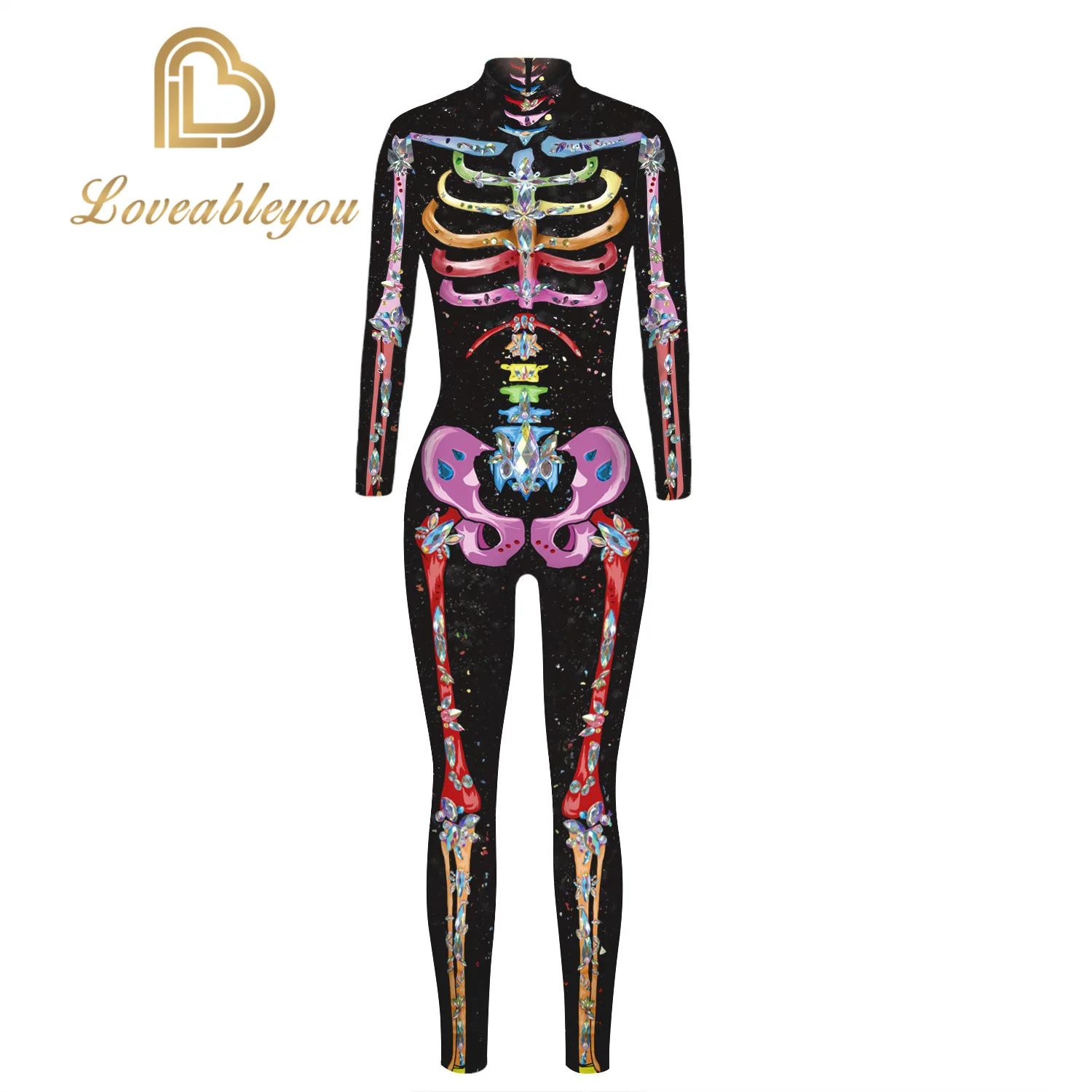 Новый 3D с принтом (розы) Костюм скелета комбинезон Хэллоуин костюмы для женщин