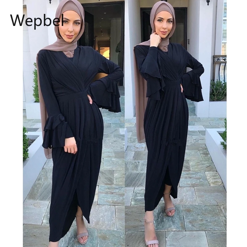 

WEPBEL Women Muslim Dress Solid Color Irregular Ruffles Flare Sleeve Dresses Abaya Tie-Neck Middle East Dubai Long Robe Dress
