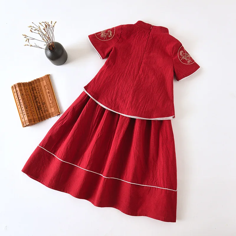 Костюм для девочек из 2 предметов рубашка и юбка хлопка льна в китайском