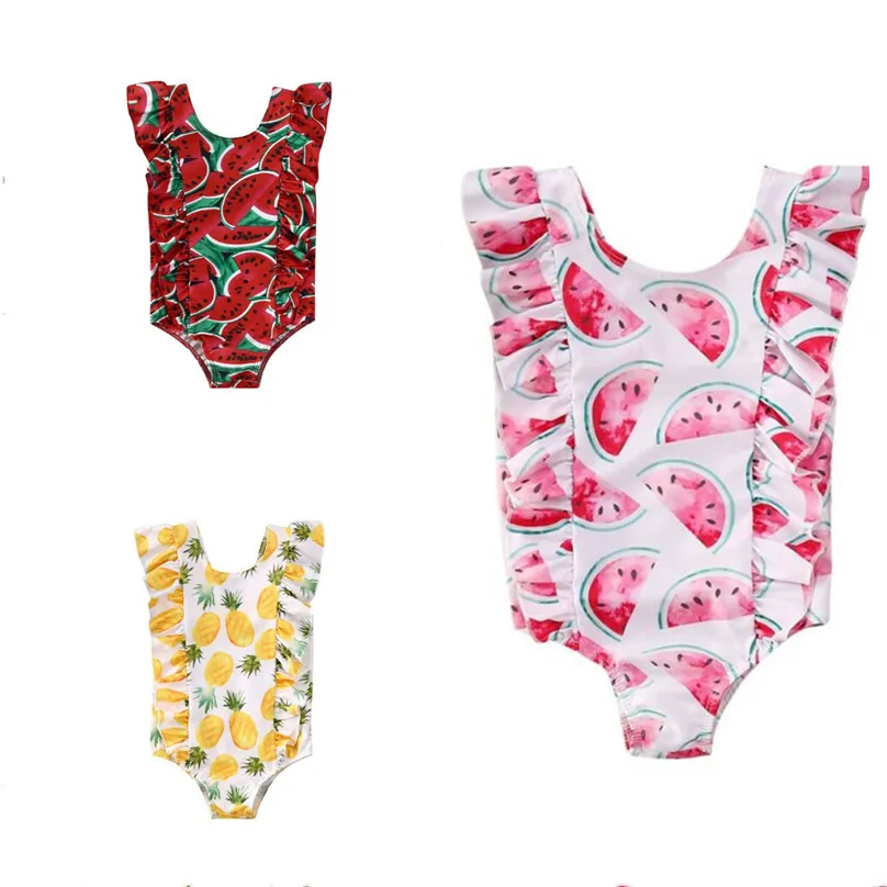 

Купальник для девочек, лето 2020, для маленьких девочек, бикини с рюшами и принтом арбуза, купальник, купальный пляжный цельный костюм