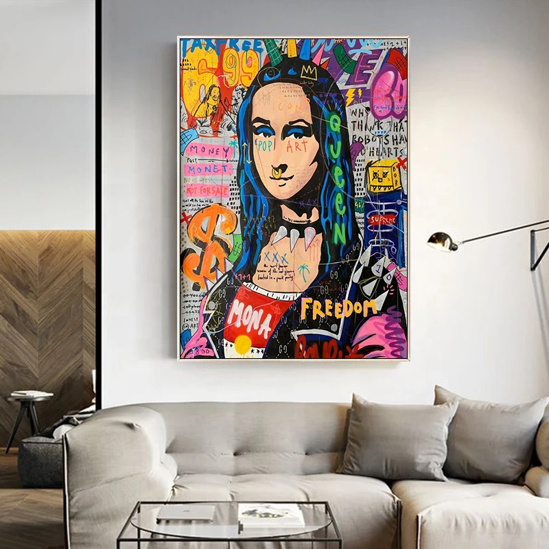 

Mona Lisa Funny Graffiti Art Canvas Painting Cuadros Posters and Prints Wall Art for Living Room Home Decor (No Frame)