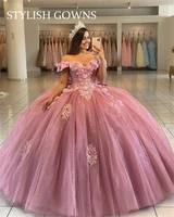 off the shoulder ball gown dress princess quinceanera dresses pink 3d flowers puffy sweet 16 vestidos de fiesta