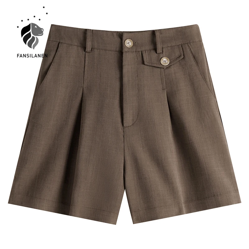 

FANSILANEN Office Lady Simple Casual Shorts 2021 Summer Simple New High Waist Brown Loose Oversize Wide Leg Women Pants