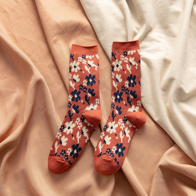 

Ins Double Needle Combed Cotton Tube Women's Socks Small Flower Pile Socks Korean High Tube British Style Retro Socks Women