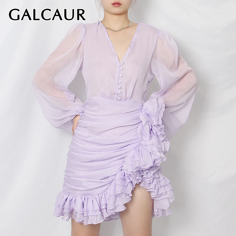 

GALCAUR Elegant Dress For Women V Neck Lantern Long Sleeve High Waist Patchwork Ruffles Designer A Line Dresses Female 2020