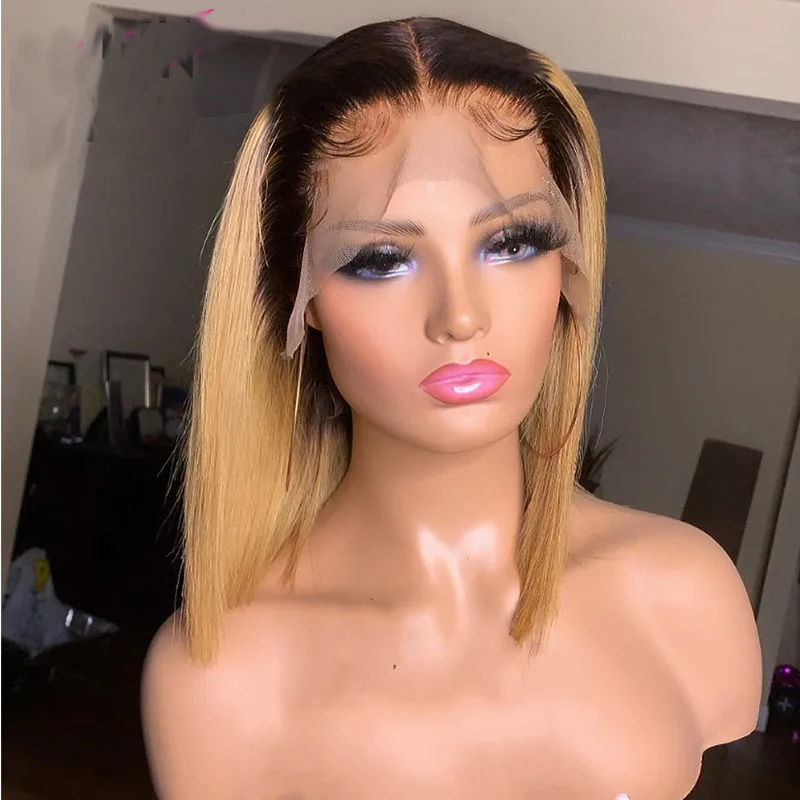 

Ombre Blonde Blunt Cut Short Bob Lace Front Hair Wig Synthetic Wigs With Natural Hairline Heat Resistant Fiber Wig For Women1B27