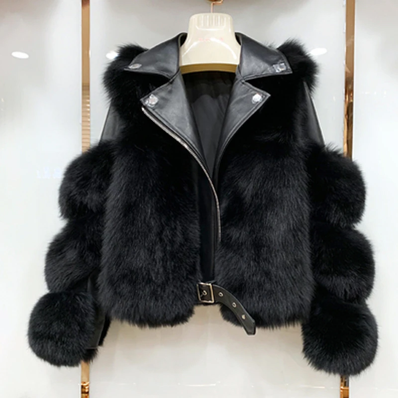 Real Fox Fur Coats with Genuine Sheepskin Leather Wholeskin Natural Fur Jackets Outwear Luxury Black Women 2021 Winter Clothes