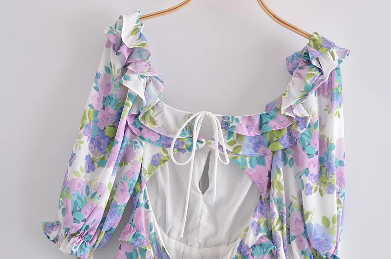 

New European American Flower Print Ruffled Backless Lace-up Bubble Sleeve Dress Korean Gothic Vestidos Evening Dresses