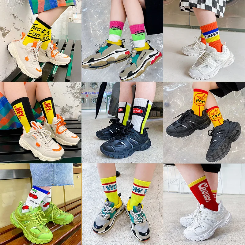 

4pair Kids Socks Tide Socks Spring Letters Street Sports Personality Boys And Girls In Tube Socks Kids Soft Cotton Cartoon Socks