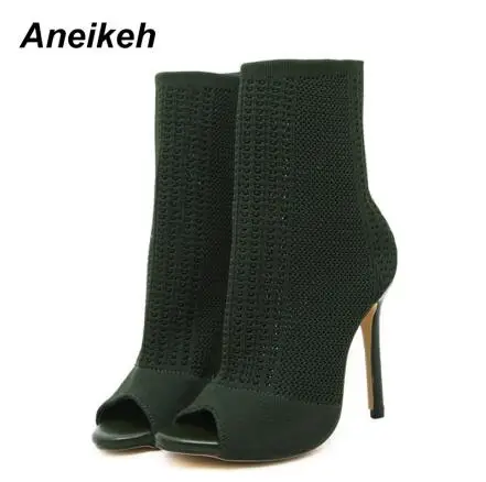 Green Aneikeh/ г. Модные женские ботинки с сеткой обувь до середины голени на тонком высоком каблуке женские пикантные свадебные туфли без застежки с открытым носком, цвет черный, зеленый, Размеры 35-40 - Цвет: Green