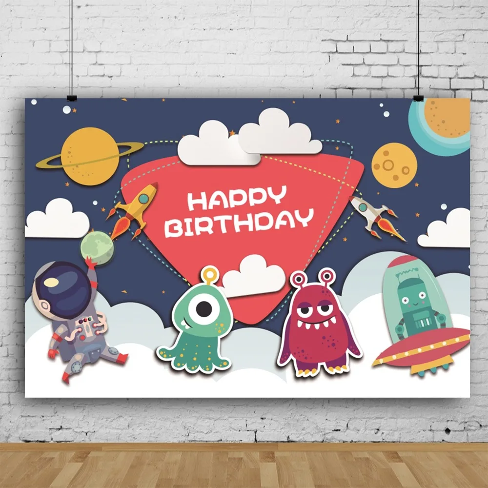

Astronauts Space Shuttle Adventure Cartoon Backdrop Boy Birthday Party Room Table Decoration Photograph Custom Vinyl Backgrounds