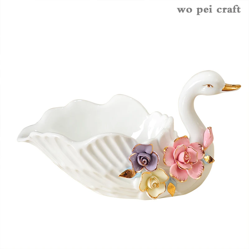 

Painted Floral Swan Decorative Bowl Storage Ornament Snack Plate Candy Organizer Jar Resin Animal Statue Tea Table Desktop Decor