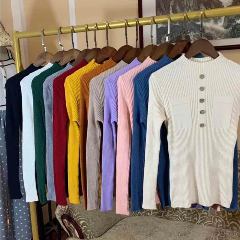 

Sweater Women Long Sleeve Tight Sweater Knitting Casual Round O Neck T-Shirt Button Decor Knit Sweater Top for Women Drop