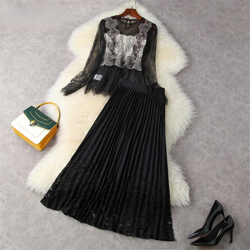

2021 New Designers Full Sleeve See Through Top and Pleated Skirt 2 Piece Set Party Outfits Lady Summer Lace Sexy Suit Women