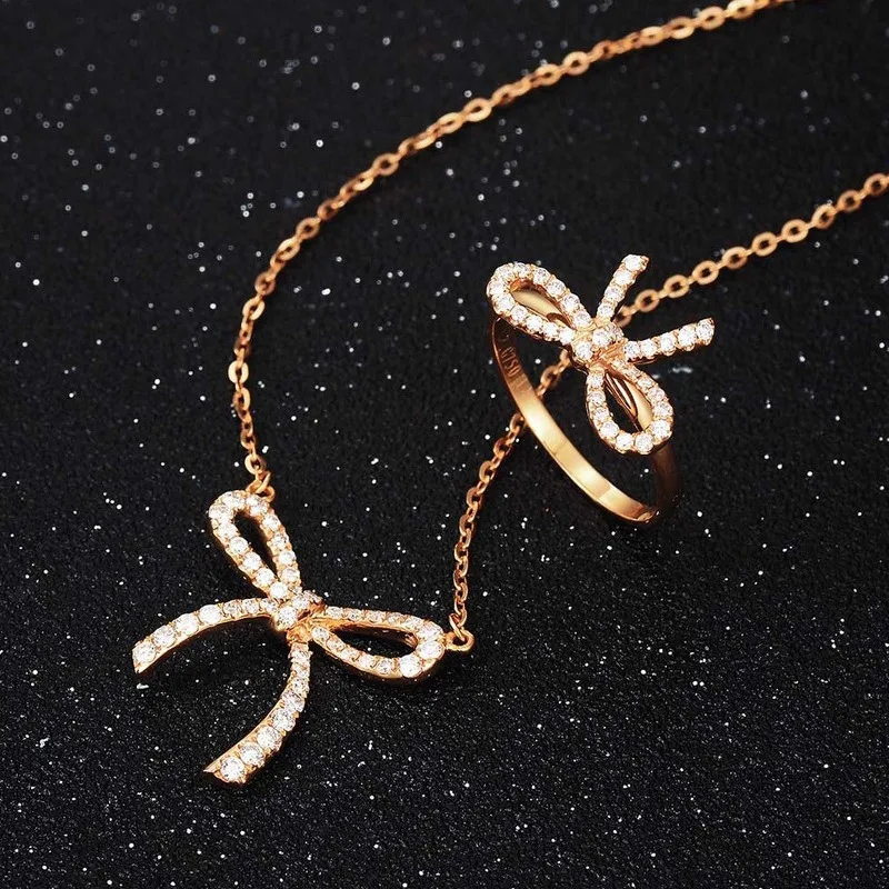 18 К Желтое золото AAA циркон ожерелье Кольца Ювелирные наборы для женщин лук форма