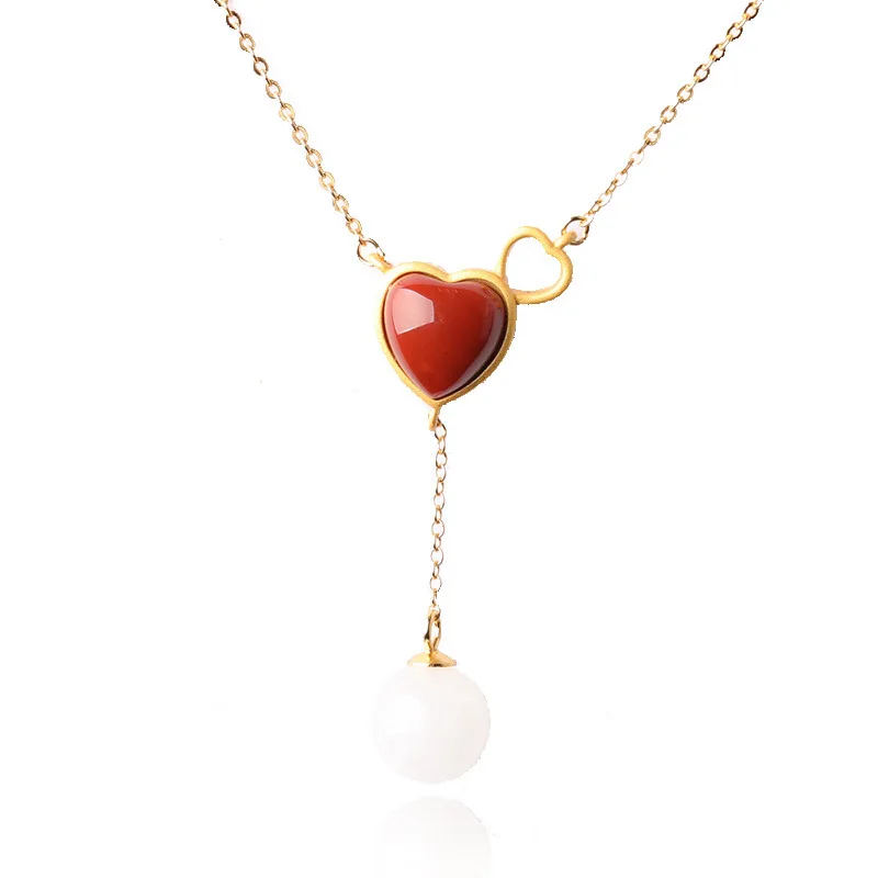 

A 925 Sterling Silver gilded gold boudoir sister ornament inlaid with South Red Double Heart clavicle Chain Pendant