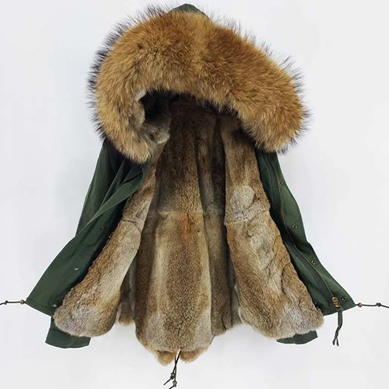 Меховое пальто армейского зеленого цвета черная длинная куртка настоящий